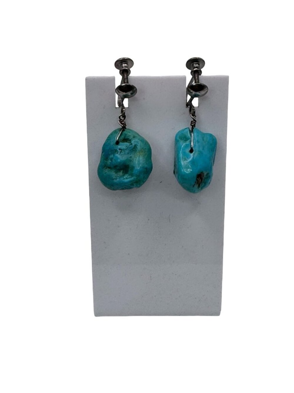 Vintage Turquoise ClipOn Earrings Natural Stone Drops Sterling Silver Screw Back